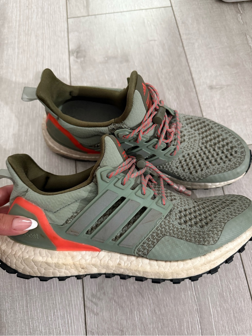adidas Olive Green Knit Running Shoe with Coral Highlights
